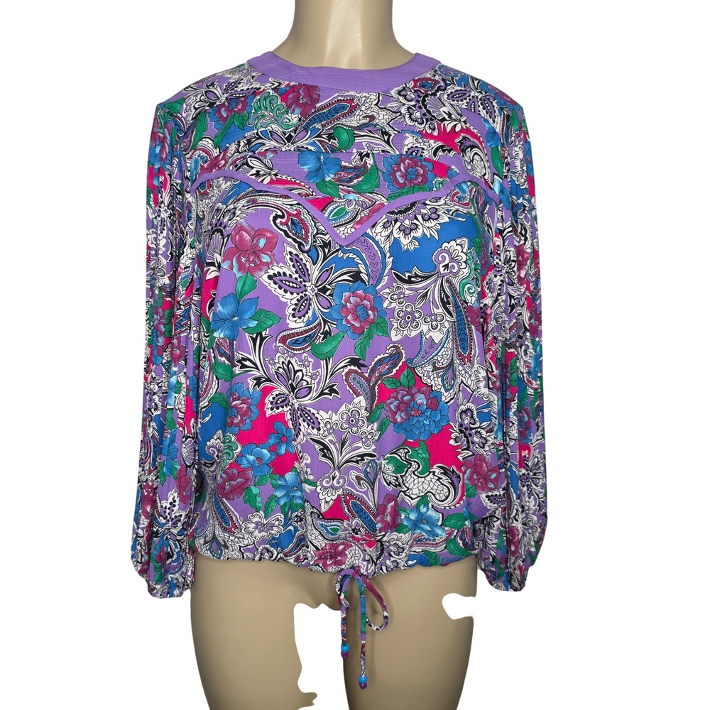 VTG Diane Freis Blouse Women S Purple Floral Paisley Pleated Sleeve Drawstring
